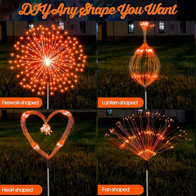 6 Pcs Easter Solar Firework Stake Lights 180 LED 8 Modes Solar Waterproof LED Sparkler Lights Outdoor Decoration for Easter Day Xmas Holiday Garden Patio Yard Pathway Walkway Orange