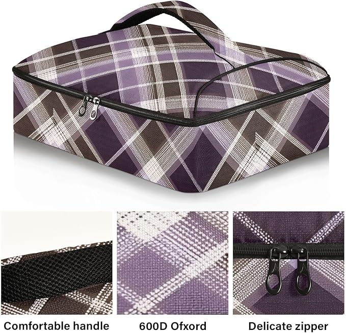 Casserole Carrier Print Purple Brown Tartan Plaid Insulated Casserole Carrier for Hot or Cold Food Thermal Lunch Tote for Parties Picnic Travel Carry Bag