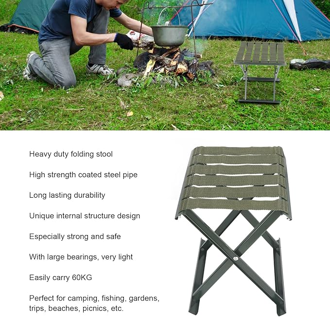 gernie Folding Stool Portable Heavy Duty Camping Stool Hold up to 600 lbs Outdoor Portable Chair Compact Folding Chair for Camping Fishing Walking Hiking Gardening and Beach (A)