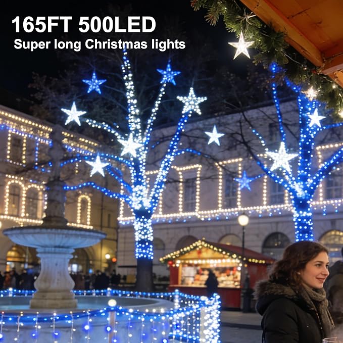 Led String Lights 500LED 165 ft Indoor/Outdoor Fairy String Lights 30V 8 Modes Christmas Lights for Home Christmas Tree Wedding Party RoomWall Decoration Indoor&ampOutdoor(Blue+White)