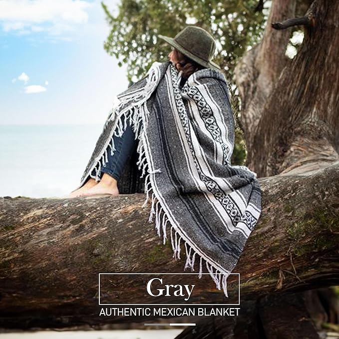 Hydration Nation Authentic Extra Large Mexican Blanket (70x50) - Handwoven Yoga Serape- Artisanal Falsa Beach Camping Picnic Outdoor(Gray)