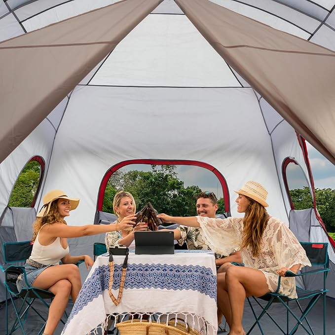 10-Person Family Cabin Tent 2-Room 405×305×200cm Waterproof 190T PU Oxford Fabric Tent with Adjustable Ventilation for Camping Hiking (Red &amp Gray &amp White)