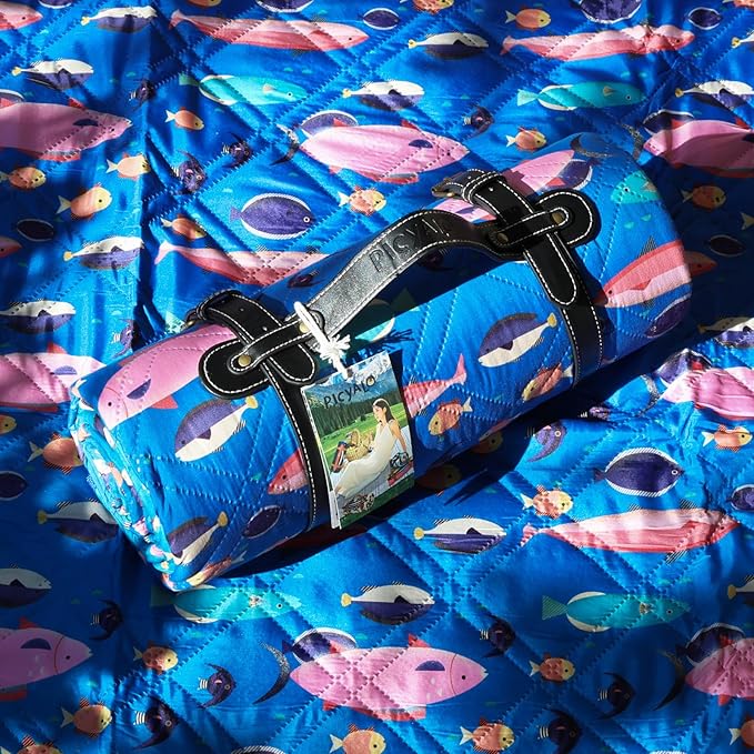60x80” Double Thickened Picnic Blankets(150g High Density Cotton Stuffed) Blue Fish Pattern Outdoor Picnic Mat Portable Picnic Blanket Foldable with Leather Carry Strap Beach Blanket