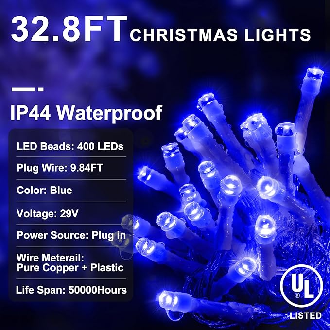 KNONEW Christmas Lights Outdoor Decorations 400 LED 33ft 8 Modes Curtain String Light with 75 Drops Clear Wire LED Fairy Light Indoor Decor for Wedding Party Christmas Decorations(Blue)