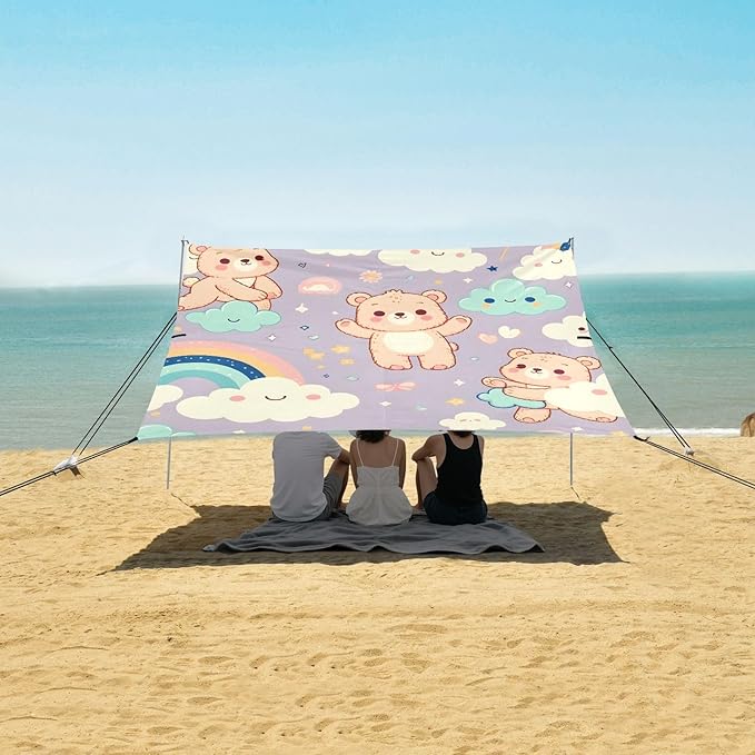 Cartoon Bear Sky Element Camping Sun Shelter Beach Tent Portable Beach Sun Shade Outdoor Canopy for Camping Trips Fishing Picnic