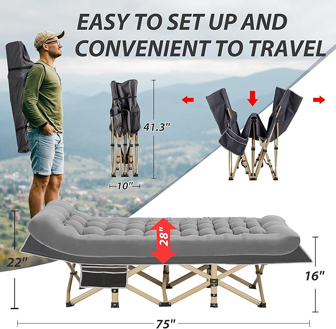 Folding Camping Cot for Sleeping Portable Cots for Adults Heavy Duty Cot Bed 550LBS(Max Load) Extra Wider Cots with Large Pocket for Outdoor Office Beach