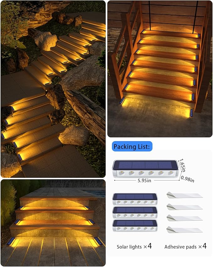 Solar Step Lights for Outside4 Pack Solar Stair Lights Outdoor WaterproofWarm White Deck Light Solar Powered Waterproof for StepsStairsWalkwaySidewalkPatioPathway