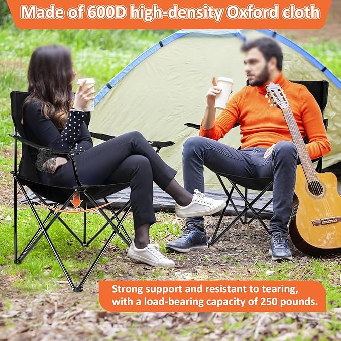 Leonyo 2 Pack Camping Chairs for Adults Lawn Chairs with Table Heavy Duty Folding Chairs for Outside Oversized &amp Comfy Sports Chair for Adults Fishing Beach Patio Hiking Lawn Travel - Black