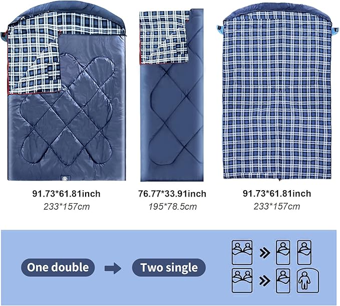 ShinHye Double Sleeping Bag for Adults with 2 Pillows Camping Sleeping Bags Flannel Cotton 2 Person Sleeping Bags XXL Queen Size Sleeping Bag for Cold Weather