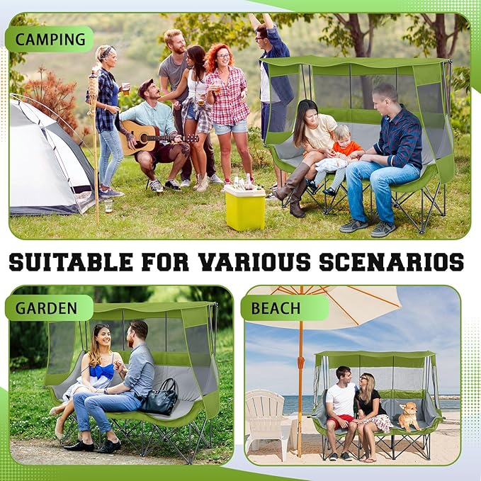 3 Person Camping Chair with Canopy Shade 700lbs Heavy Duty Oversized Beach Camping Chair with Thick Cushion Cup Holder and Carry Bag Foldable Portable Sofa for Lawn Beach Outdoor(Green)