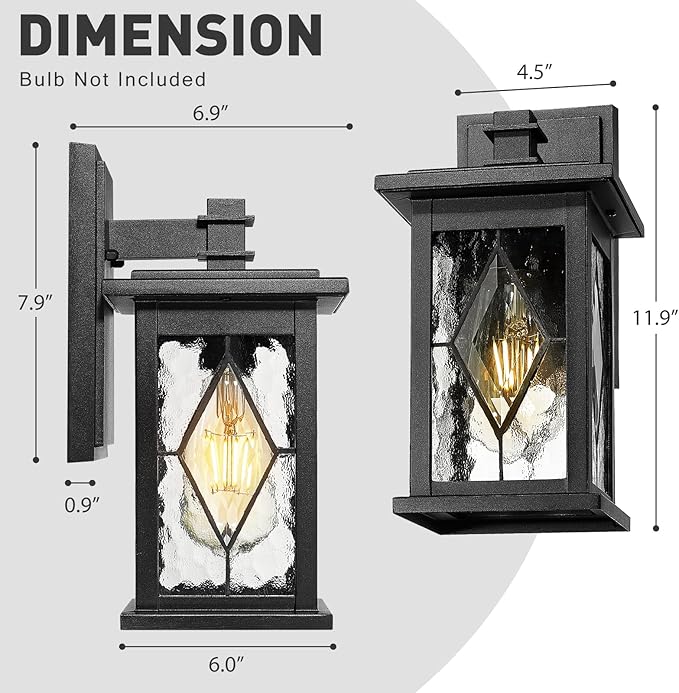 Emliviar Farmhouse Outdoor Porch Light 1-Light Patio Wall Fixture With Water Grain Glass Shade Black Finish 1803EW1-SD BK