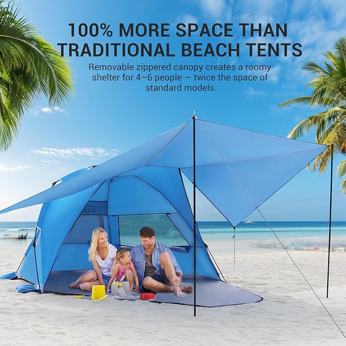 Elegear CumbreX™ Beach Tent with 360° Removable Canopy 4-6 Person Pop Up Sun Shade Shelter UPF 50+ Automated Installation Double Silver Coating Portable Lightweight Beach Cabana for Beach/Outdoor
