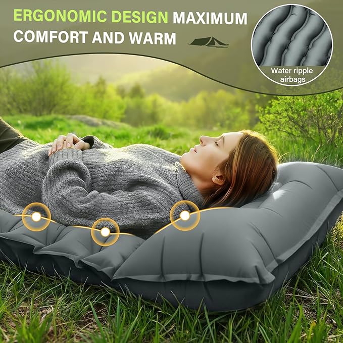 Camping Sleeping Pad Ultralight Camping Mat with Pillow Built-in Foot Pump Inflatable Sleeping Pads Compact for Camping Backpacking Hiking Traveling - Gray