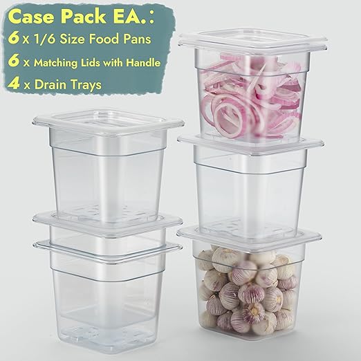 CURTA 6-Pack 1/6 Size 6 Deep NSF Polycarbonate Food Pans with Handled Lids &amp Drain Trays | Dishwasher &amp Freezer Safe Clear Container for Prep Tables Buffet Salad Bar Commercial &amp Home
