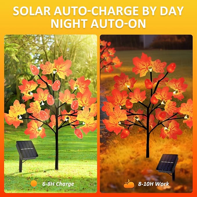 Fall Decorations Outdoor 4-Pack 80LED Maple Leaf Acorn Yard Stake Lights Waterproof Solar Fall Lights Thansgiving Decorations Outdoor for Yard Garden Pathway Harvest Holiday Fall Decor