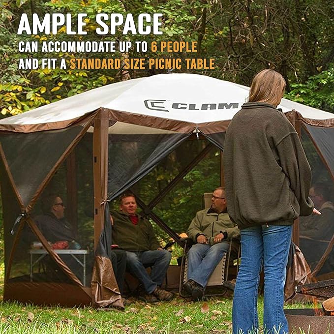 CLAM Pop Up Screen Tent Outdoor Camping Gazebo Canopy Escape 11.5' Brown - Heavy-Duty Portable Screened Shelter with Netting for Beach Patio and Backyard