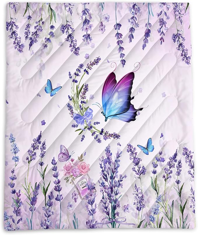 Axolotl Butterflies Camping BlanketLavender Packable Outdoor BlanketViolet Flowers Perfume Lightweight Puffy Printed Camping BlanketPurple Floral Waterproof Blanket for Traveling Beach Cold Weather