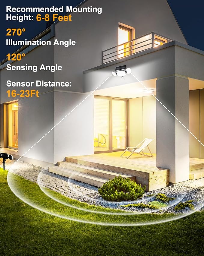 Solar Motion Lights Outdoor with Stake 208 LED 270° Illumination Security Flood Lights for Yrad Garden Pathway 3 Modes IP65 Waterproof In-Ground or Wall Mount