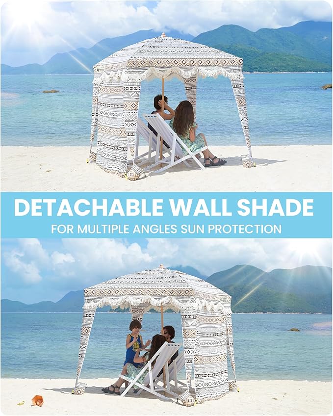 OutdoorMaster Beach Cabana with Fringes Portable 6' x 6' Beach Canopy for Sand Easy Set Up Beach Shelter Included Side Wall UPF 50+ UV Protection Sun Umbrella - for Family &amp Friends