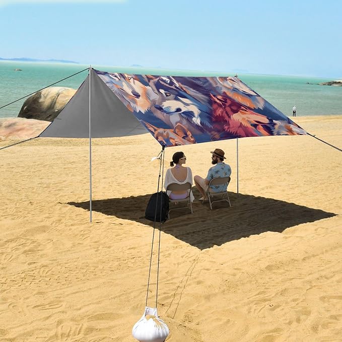 Wolves Colorful Beach Tent Sun Shelter 9.2' x 10.5' Beach Canopy with 4 Sandbags 4 Stability Poles Sand Shovels - Tent Canopy for Beach Camping Fishing Picnics
