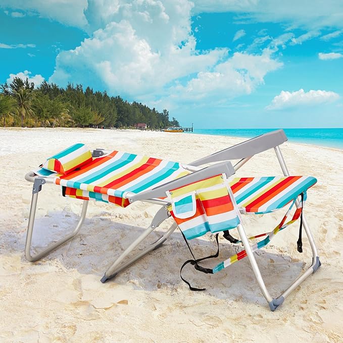 Tall Beach ChairFolding Tall Backpack Beach Chair with 5 PositionsLightweight Beach Camping Chairs with Cooler BagCup HoldersTowel Bar for Adults (Rainbow Stripes)