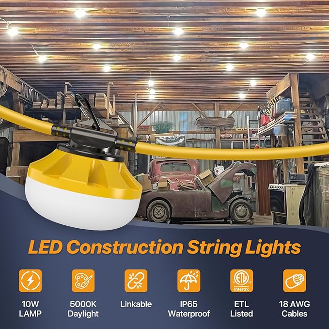 100FT LED Construction String Lights 10000LM 100W Linkable Work Lighting IP65 Waterproof ETL Listed 5000K Daylight RA&gt80 10-Head Temporary Light String for Job Site Tunnel Garage