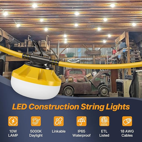100FT LED Construction String Lights 10000LM 100W Linkable Work Lighting IP65 Waterproof ETL Listed 5000K Daylight RA&gt80 10-Head Temporary Light String for Job Site Tunnel Garage