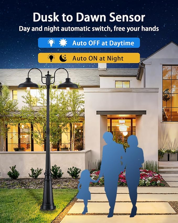 Outdoor Post Light Dusk to Dawn Outdoor Lamp Post Lights 2-Head Farmhouse Street Light Fixture Exterior Black Pole Lights Waterproof Lantern Lamp Outdoor Lighting for Garden Patio Pathway