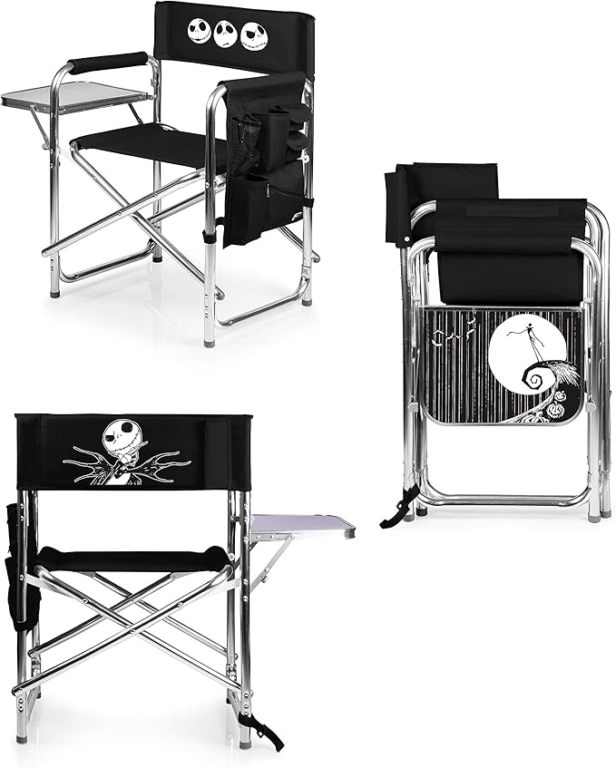 Picnic TIME Disney Nightmare Before Christmas Jack Sports Chair with Side Table Folding Beach and Camp Chair Portable Outdoor Chair with Carry Strap and Storage Pockets (Black)