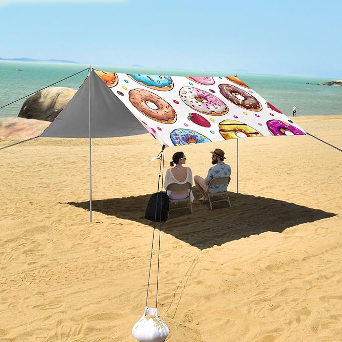 Donuts Pattern Beach Tent Sun Shelter 9.2' x 10.5' Beach Canopy with 4 Sandbags 4 Stability Poles Sand Shovels - Tent Canopy for Beach Camping Fishing Picnics