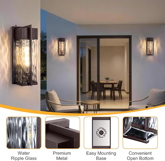 18IN Modern Exterior Lighting Fixtures(T300 Bulb Included) Dusk to Dawn Outdoor Lighting Waterproof Rippled Glass Wall Sconces Open Bottom Outside Lights for House Porch Garage(Bronze)