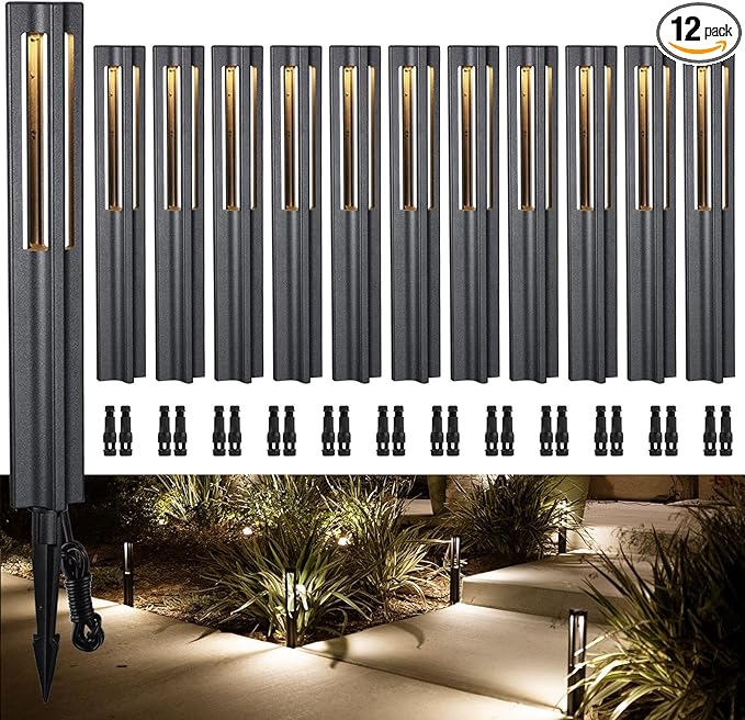 LEONLITE 12-Pack Low Voltage Path Lights 3W LED Landscape Pathway Lights Outdoor Landscape Lighting for Driveway Garden Aluminum 12-24V AC/DC ETL Listed IP65 Waterproof 3000K Warm White Black