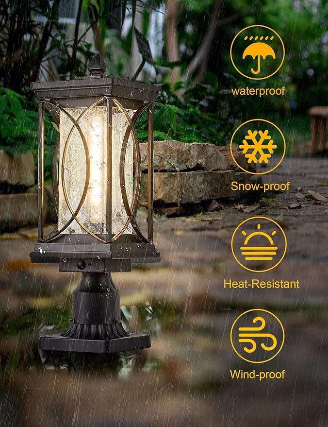 Motion Outdoor Post Lantern Dusk to Dawn Pillar Lamp with 3 Inch Pier Mount Adapter Black Pole Light Aluminum with Crackle Glass Motion Outdoor Post Lights for Patio Yard Garden Pathway
