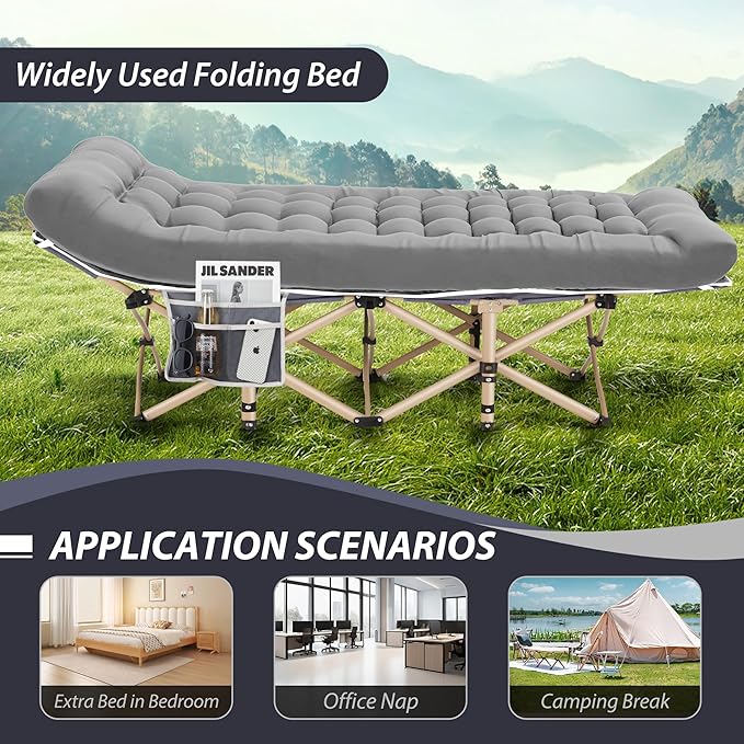 Folding Camping Cot for Sleeping Portable Cots for Adults Heavy Duty Cot Bed 550LBS(Max Load) Extra Wider Cots with Large Pocket for Outdoor Office Beach