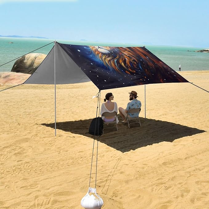 ALAZA Lion Galaxy Beach Tent Sun Shelter UPF50+ Protection Beach Shade Canopy w/ 4 Sandbags for Outdoor Camping Fishing Backyard Fun Picnic 10x9 ft