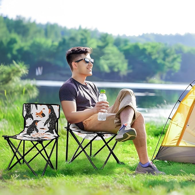 Abstract Penguin Portable Camping Chairs Folding Chair - Durable Oxford Fabric Lightweight Iron Frame Easy Fold Design - Ideal for Outdoor Activities Camping Fishing and Travel