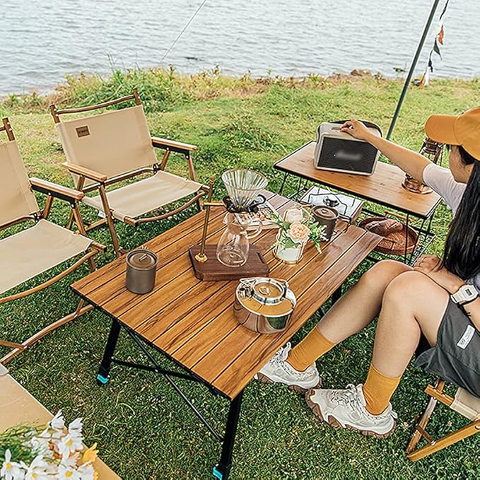 Folding Camping Table Height Adjustable Portable Imitation Wood Grain Aluminum Camp Table Desk Lightweight Durable Roll Up Picnic Tables