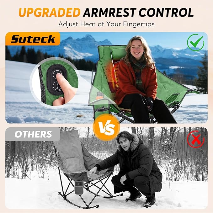 Suteck Heated Rocking Camping Chair XL Oversized Rocking Chair Outdoor with 3 Heat Levels for Back and Seat Heated Chairs Outdoor Sports for Patio Lawn Picnic Travel Power Bank（Not Included）