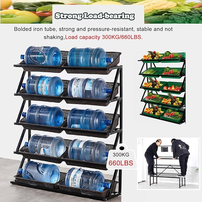 Fruit Vegetable Basket Shelf 5 Layer Retail Display Rack Market Shelf with 10 Baskets Standing Supermarket Snack Candy Display Organizer for Kitchen/Store/Garage