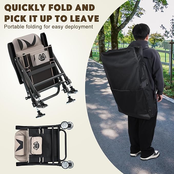 Folding Camping Chair Outdoor Fishing Chair for Adults Outdoor Folding Chair with Storage Bag Backpack Beach Chair with Oxford Cloth Adjustable Oversized Lawn Chair Khaki