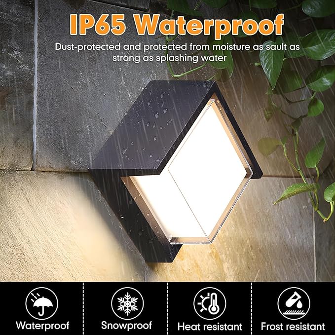 Outdoor Wall Lights 2 Pack 6 Inch Modern Square LED Wall Sconces 1200LM 3CCT Selectable (3200K/4000K/6500K) IP65 Waterproof Black Aluminum Exterior Light Fixtures for House Porch Garage