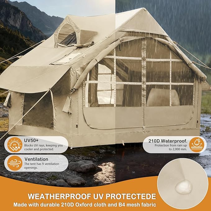 Inflatable Tents with Hand Pump Hot Tent with Stove Jack Easy Blow Up Glamping Tent with Mesh Windows 4-6 Person Instant Family Camping Tents Waterproof for 4 Seasons