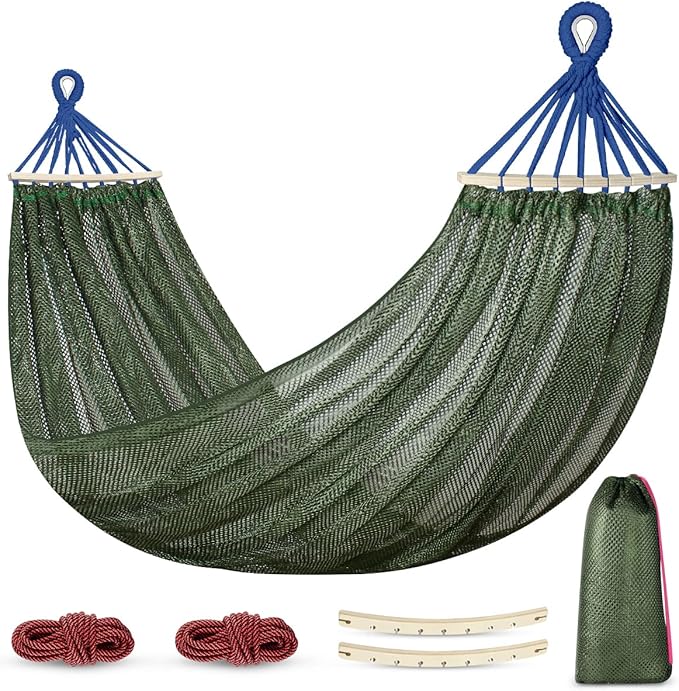 Outerman Camping Hammocks 290 * 150cm(Max 550lb)Breathable Soft Nylon Hammocks with Balance Beam Sturdy Metal Knot Tree Ropes and Travel Bag Perfect for Outdoor/Indoor Patio Backyard etc.