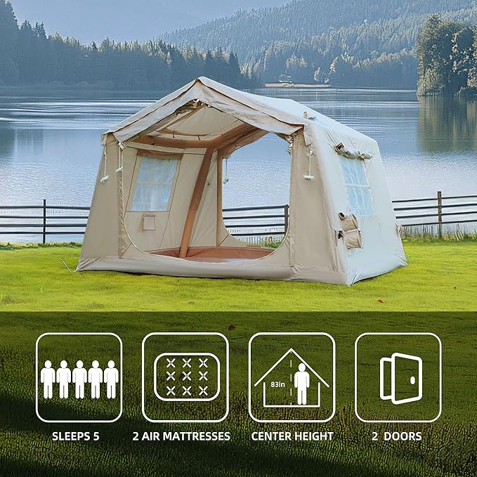 Inflatable Camping Tent with Manual Pump 4-Season Waterproof Windproof Luxury Glamping Tent Easy Setup Blow Up Tent with Mesh Windows Portable Outdoor House Tent for Family Camping
