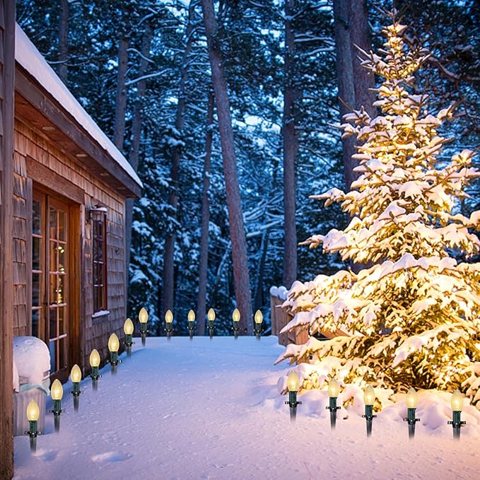 C9 Christmas Pathway String Lights 38Ft Clear Pathway String Lights Outdoor with 25 Clear Bulbs and Stakes Waterproof Walkway Lights for Outside Driveway Sidewalk Outdoor Christmas Decorations