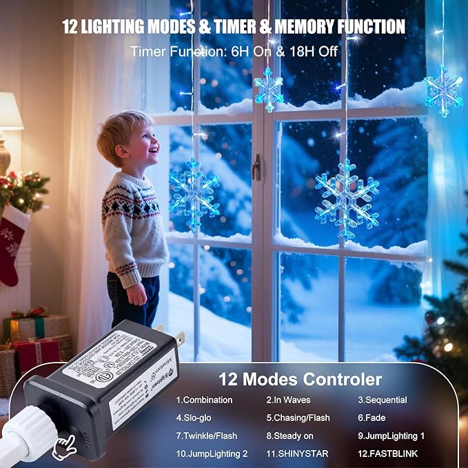 Minetom Christmas Snowflake Lights - 2 Pack 13 ft 192 LED Icicle Lights with 16 Drops 12 Modes and Timer IP65 Waterproof Connectable Christmas Light for House Eave Window Indoor Outdoor Decoration