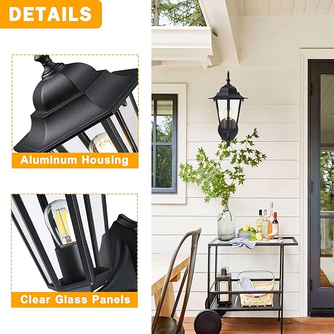 Outdoor Wall Lantern Wall Sconce as Porch Lighting Fixture E26 Base 60W Max Aluminum Housing Plus Glass Wet Location Rated Bulbs not Included Matte Black 2 Pack