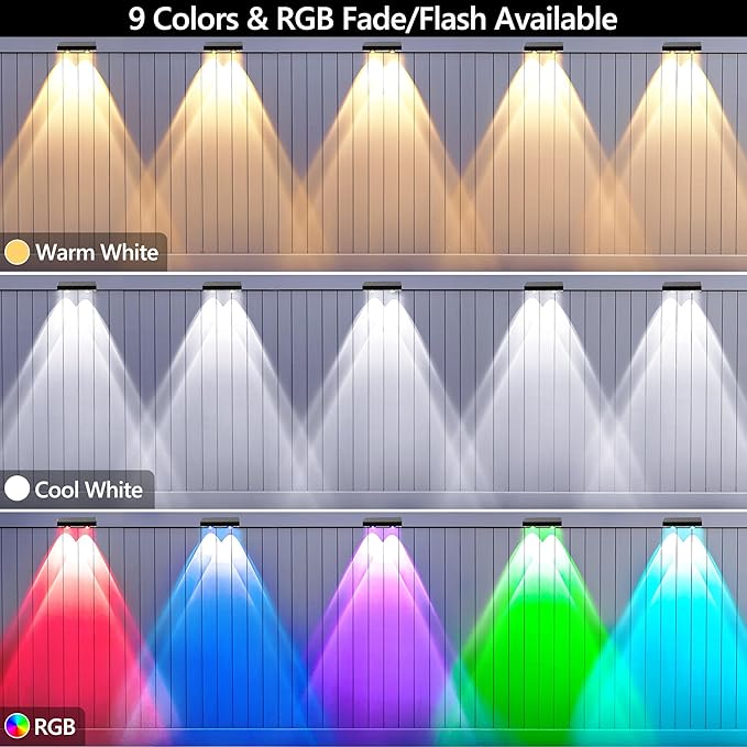 BrizLabs Fence Solar Lights Outdoor 8 Pack 9 Colors &amp 11 Modes Color Changing Deck Lights 250lm Red White &amp Blue Fence Deck Light IP65 Waterproof Solar Wall Light for Outside Backyard Stair