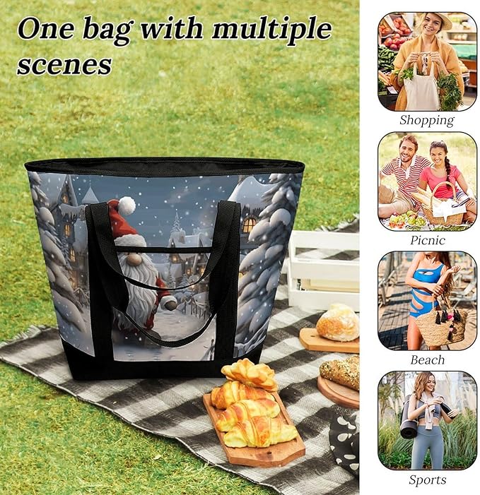 Insulated Shopping BagLarge Reusable Cooler Bags Christmas Snow Printed Foldable Shopping BagTravel Waterproof Shoulder Bag