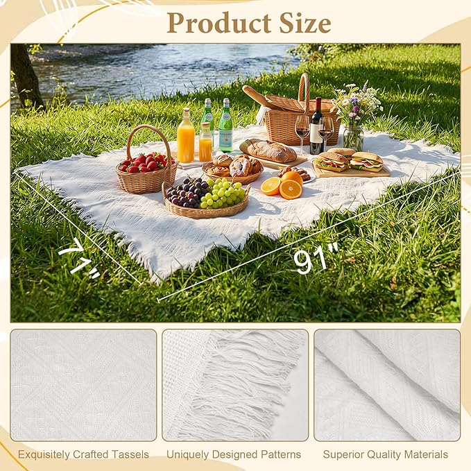 91 x 71 Inch Large White Picnic Blanket Outdoor Picnic Blanket with Fringe Soft Cotton Woven Blanket Picnic Lightweight Foldable Blanket Picnic for Beach Park Camping (White Diamond Pattern)